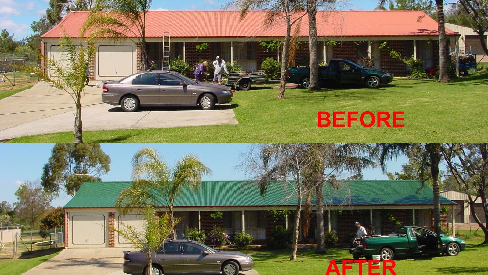 The same house before and after its roof was repainted, from faded red to green